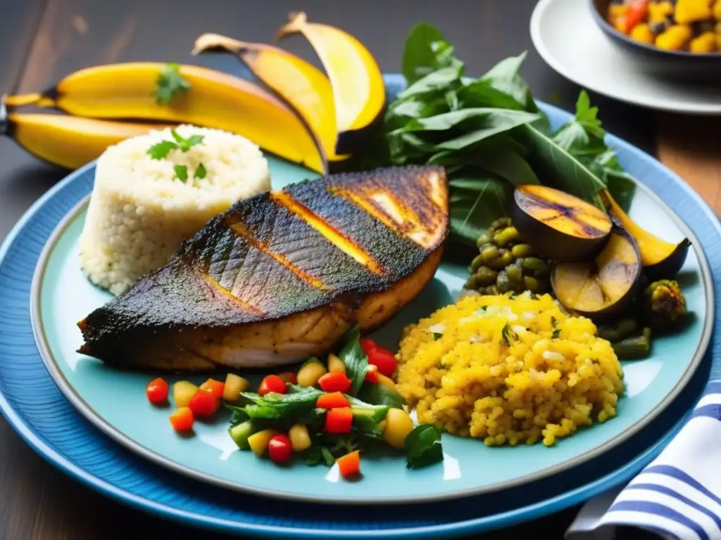 Un festín de platos africanos tradicionales saludables: pescado a la parrilla, estofado de verduras, plátanos, cuscús y verduras frescas