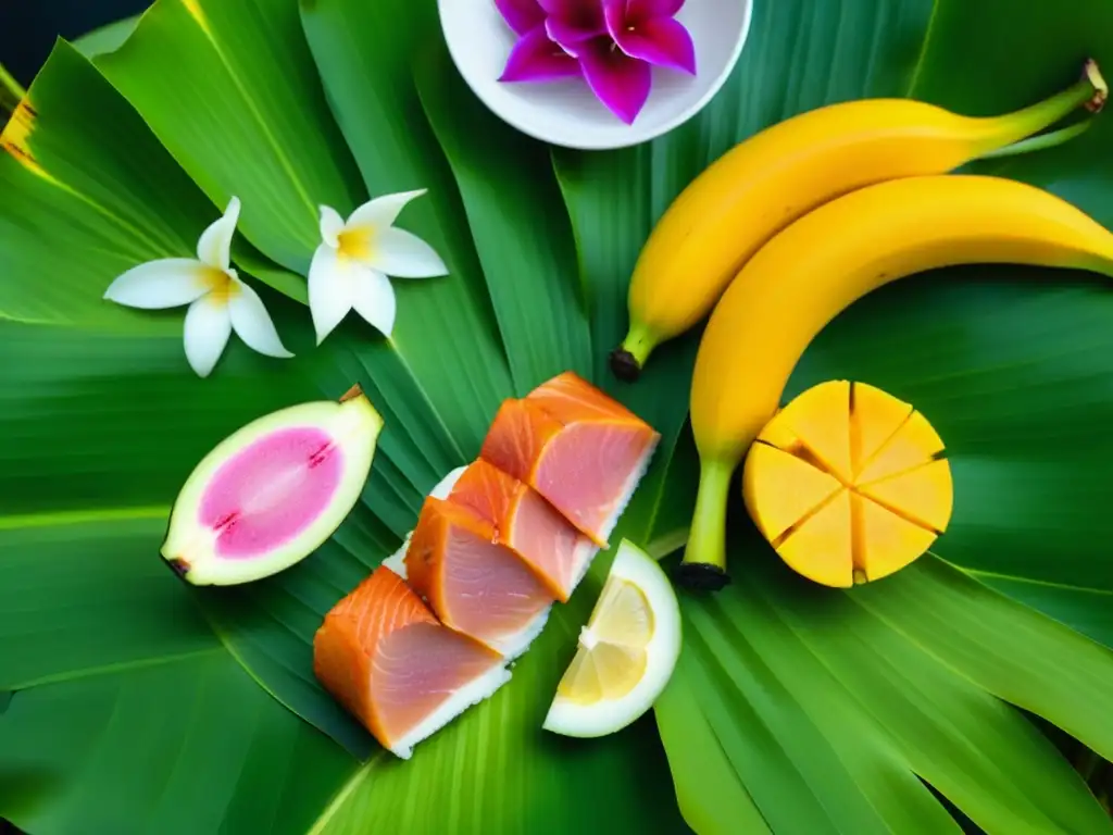 Una festín polinesio tradicional con poi, salmón lomi lomi y cerdo kalua, en una hoja de plátano