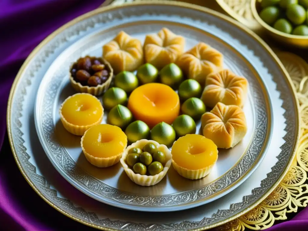 Un festín de postres tradicionales Califato Abásida: baklava, kunafa y delicias turcas, decorados con pistachos y pétalos de rosa