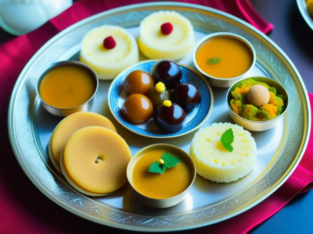 Un festín de postres tradicionales del sur de Asia: gulab jamun, barfi, rasgulla, jalebi y kulfi, deslumbran con sus colores y detalles