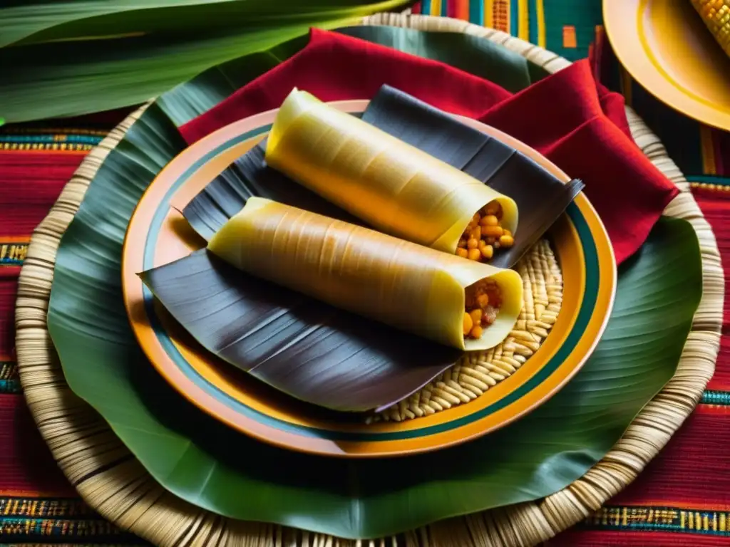 Un festín precolombino con alimentos rituales de culturas ancestrales: tamales rojos, maíz dorado y bebidas de chocolate en plato maya detallado