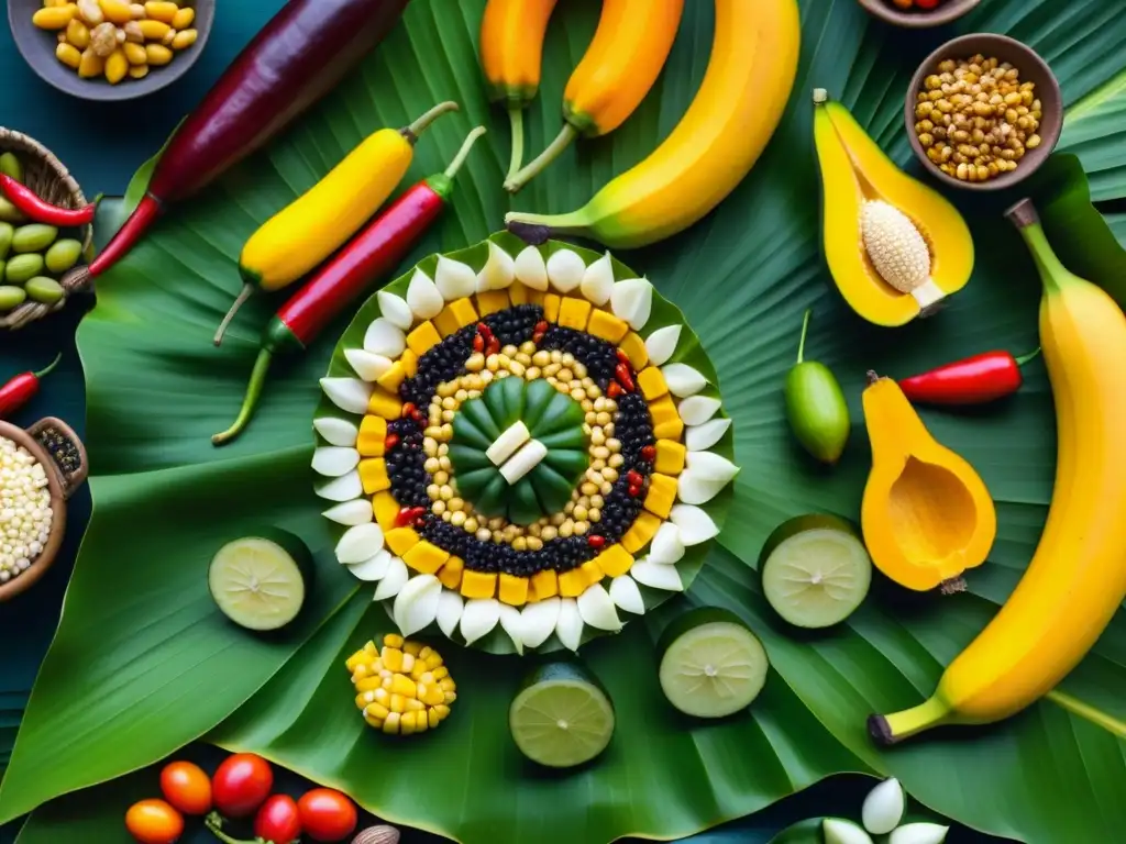 Festín precolombino detallado en hoja de plátano, destacando alimentos coloridos y la rica tradición culinaria del mundo precolombino banquetes ayunos