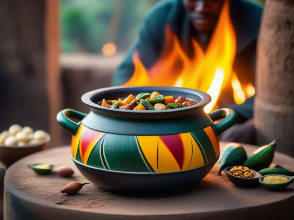 Un festín precolonial africano: olla de barro con guiso colorido y sabroso sobre fuego abierto, reflejando influencias externas en la cocina africana