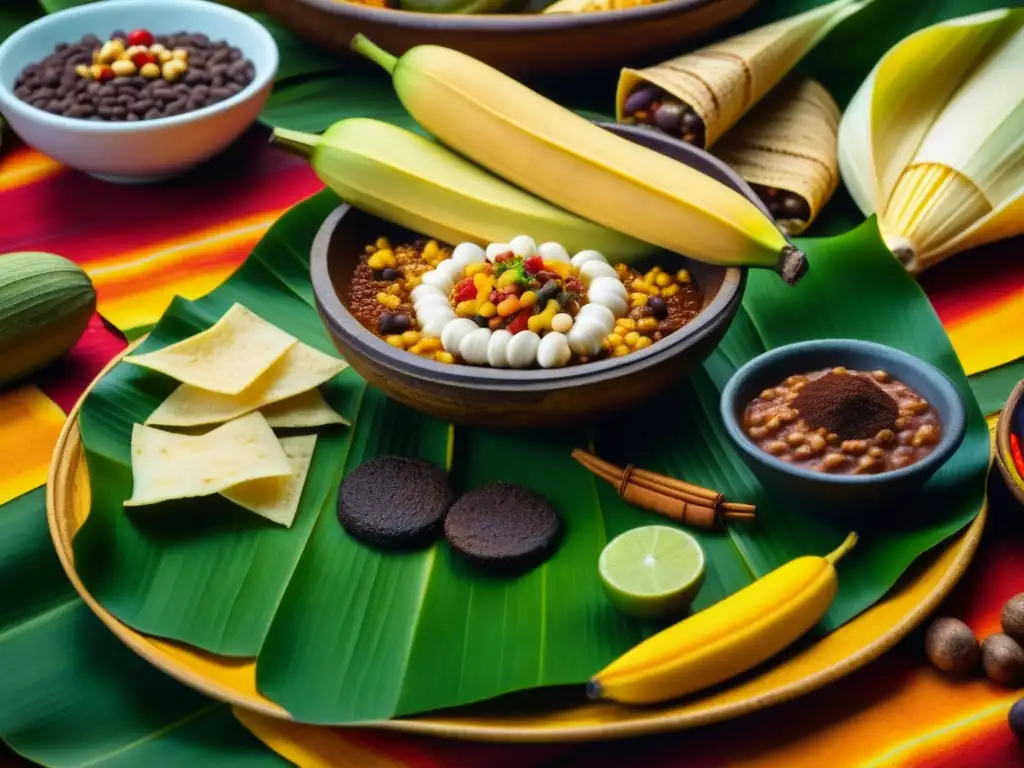 Una festín prehispánico detallado en hoja de plátano, con tamales, pozole y mole