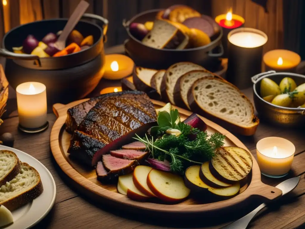 Un festín PreVikinga detallado, con alimentos y velas, evocando la Alimentación en la Era PreVikinga