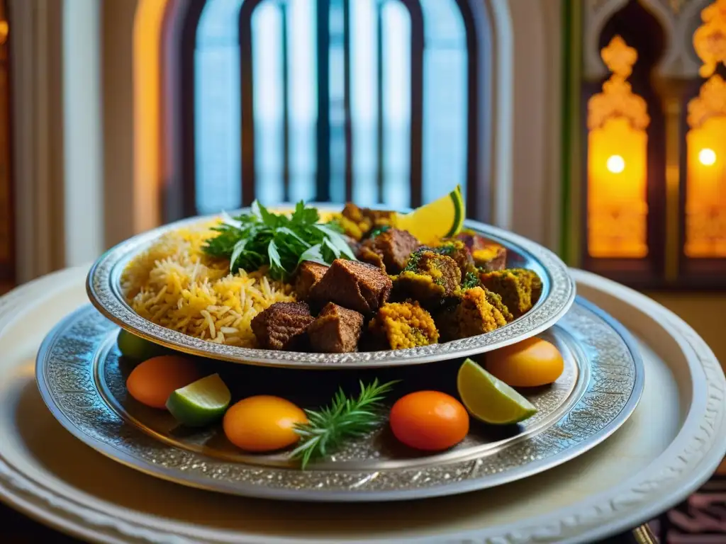 Un festín de Recetas históricas cocina Mughal: biryani, kebabs y curries en un plato de plata, con decoración y arquitectura Mughal