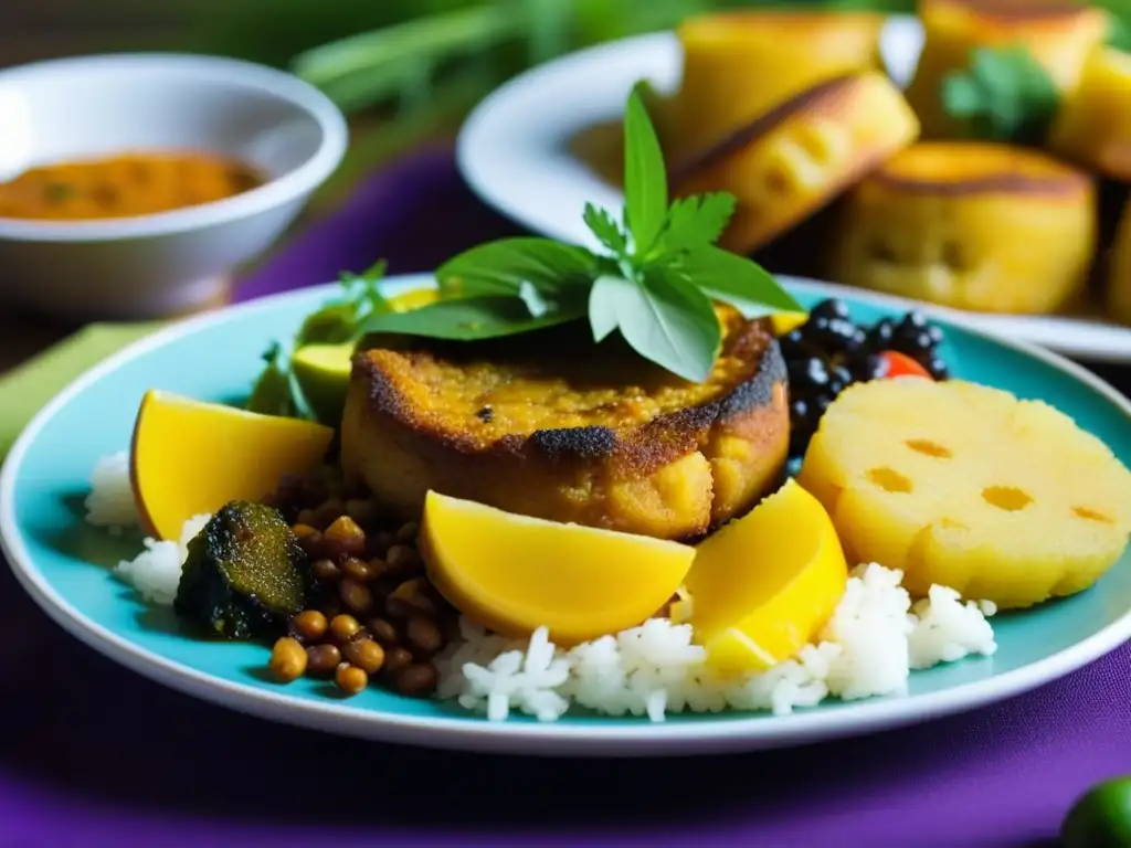 Un festín de recetas históricas de cocina criolla caribeña, con mofongo, arroz con gandules y tostones, exuberante y colorido