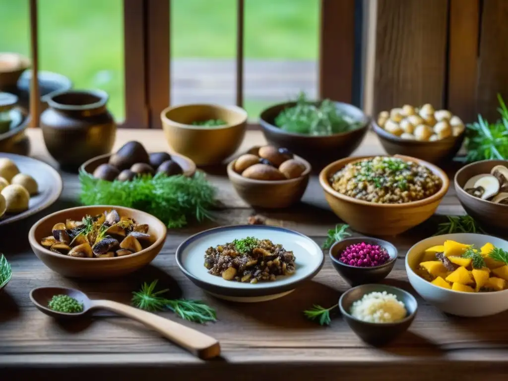 Un festín de recetas históricas de diversas culturas y épocas en una mesa rústica de madera