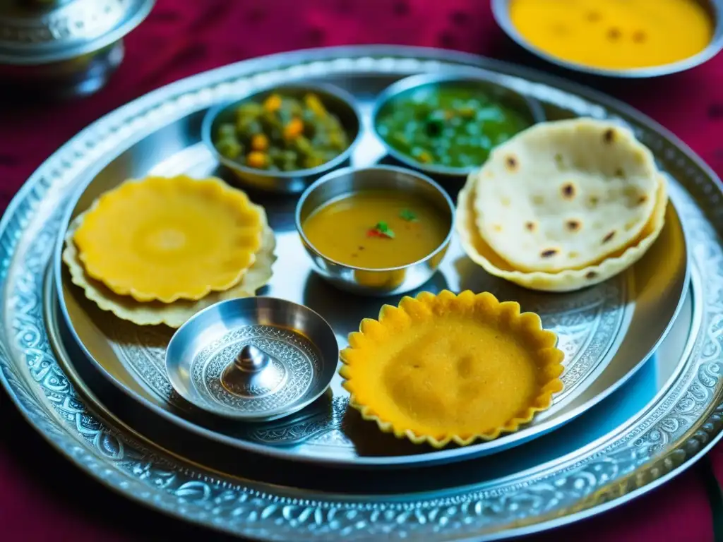 Un festín de recetas históricas culturas épocas Rajastán en un thali vibrante y colorido, resaltando texturas y detalles