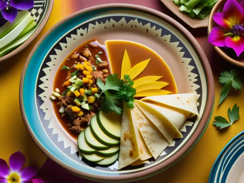 Un festín de recetas prehispánicas aztecas nutrientes bellamente presentado en un plato de barro