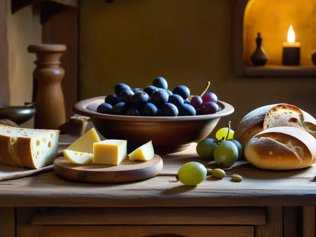 Un festín romano antiguo en una cocina rústica: alimentos y sombras dan vida a la alimentación clase social Roma