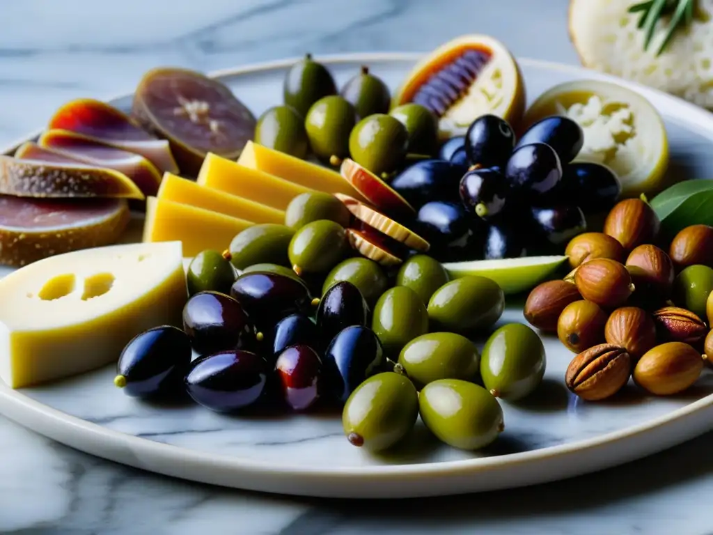 Un festín romano: mesa con aperitivos exquisitamente dispuestos, resaltando colores y detalles