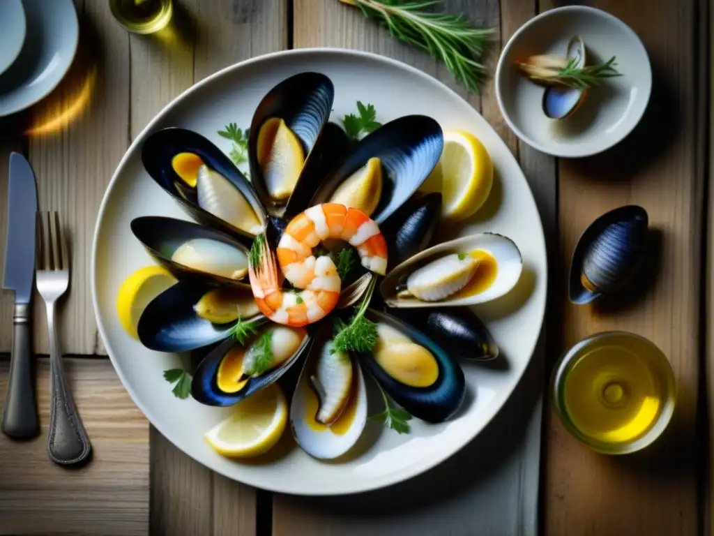 Delicias del Mar en la Antigua Roma: Plato exquisito de pescado y mariscos Un festín romano de pescados y mariscos en una mesa rústica, evocando las Delicias Mediterráneo Mesa Romana