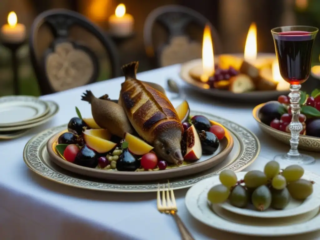 Un festín romano con platos históricos gastronomía romana en mesa lujosamente decorada con vino, frutas y luces de velas