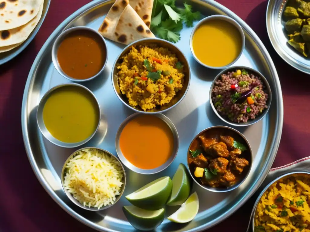 Un festín de sabores y colores: una imagen detallada de un thali tradicional indio con biryani, pollo mantequilla, dal makhani y chutneys