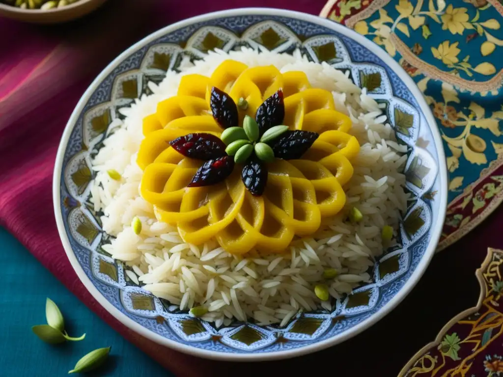 Un festín de sabores y colores persas en un plato de cerámica, que refleja la historia cultural y los orígenes de la cocina persa