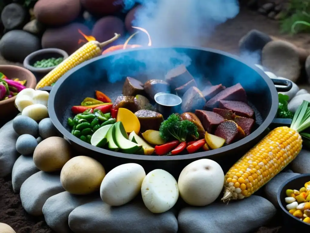 Un festín sagrado de Pachamanca en los Andes: piedras calientes, carnes, papas y maíz cocinando bajo tierra, colores vibrantes y vapor