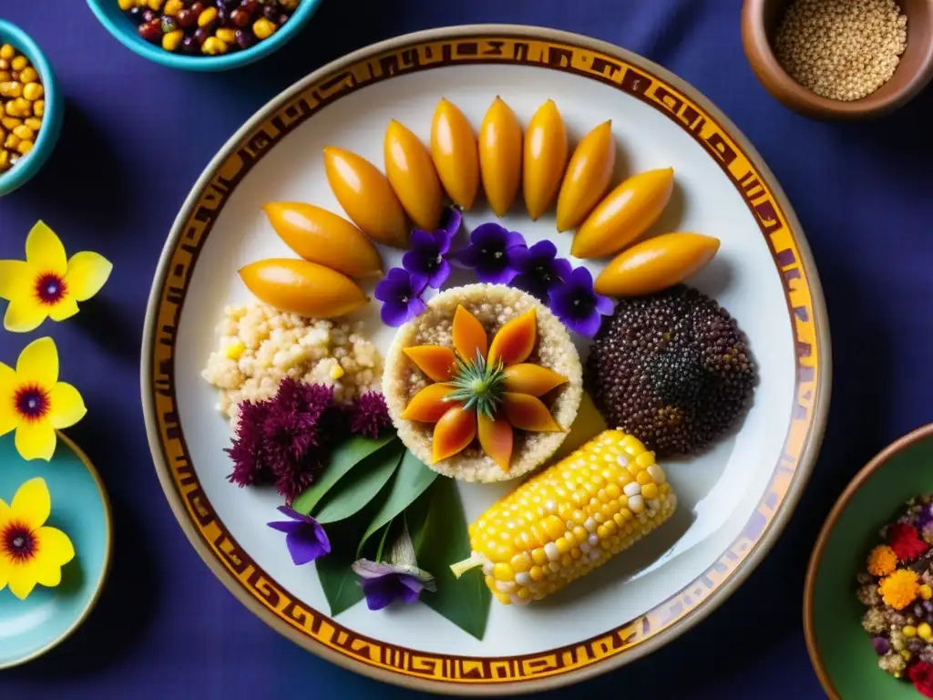 Un festín sagrado de la Comida Inti Raymi: plato vibrante con quinoa, maíz, alpaca y flores, reflejando tradición y celebración