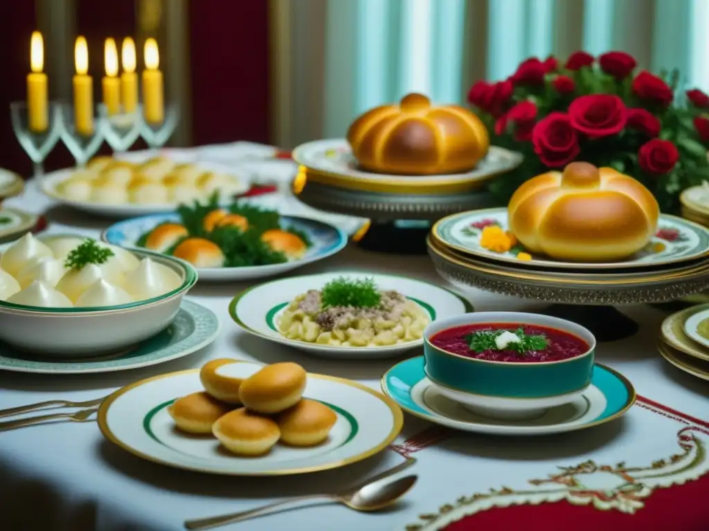 Un festín soviético: mesa repleta de platos tradicionales, arreglos florales y vajilla vintage