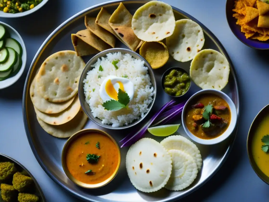 Un festín tradicional indio para Maha Shivaratri: arroz, dal, curry, papadums, yogur, encurtidos y chutneys