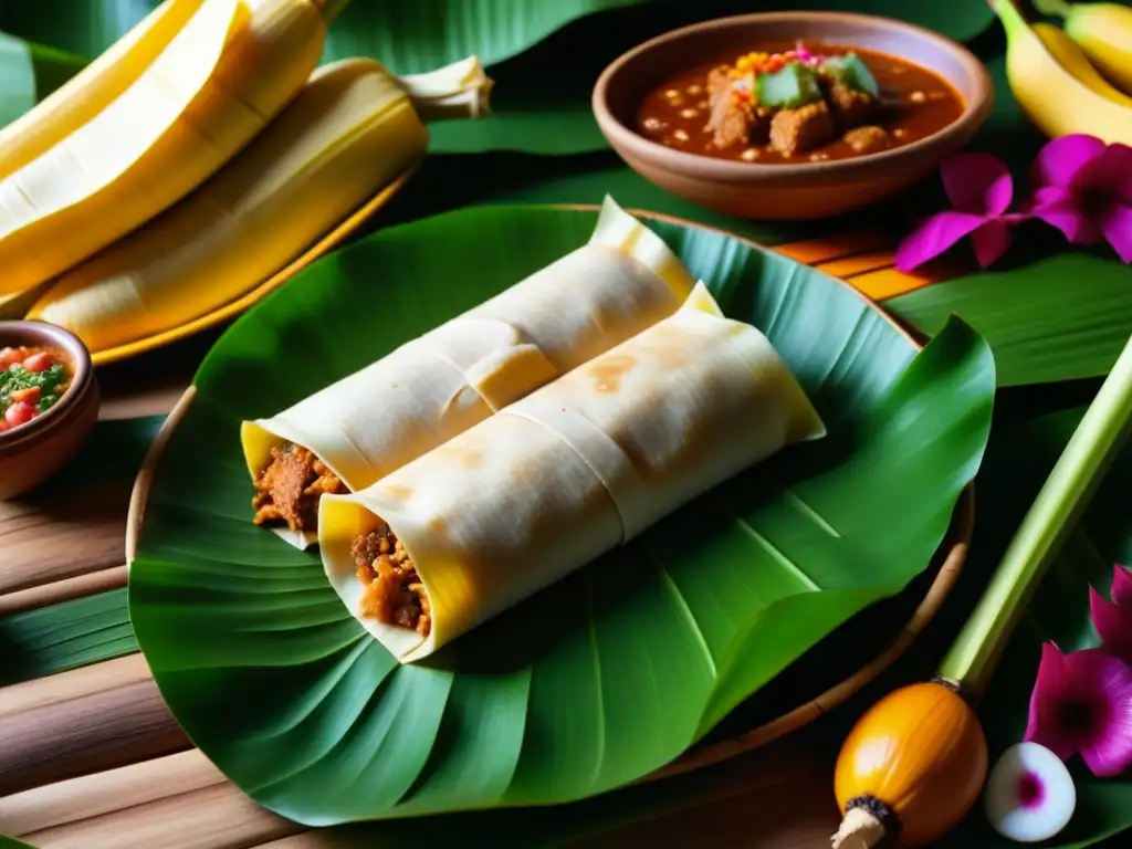 Una festín tradicional Maya en hojas de plátano con tamales, cochinita pibil y chilmole