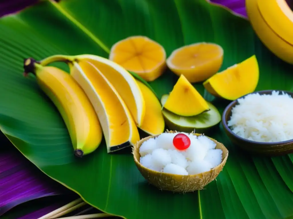 Un festín tradicional micronés en hoja de plátano, con alimentos coloridos como ñame, frutas del pan, coco y pescado fresco