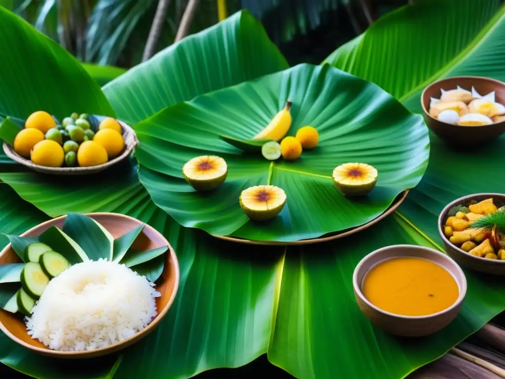 Un festín tradicional micronés en hoja de plátano, mostrando la rica herencia culinaria