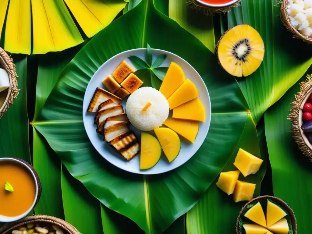 Una festín tradicional Micronesio detallado en hojas de plátano, con pescado a la parrilla, ñame, frutas de pan y postres de coco