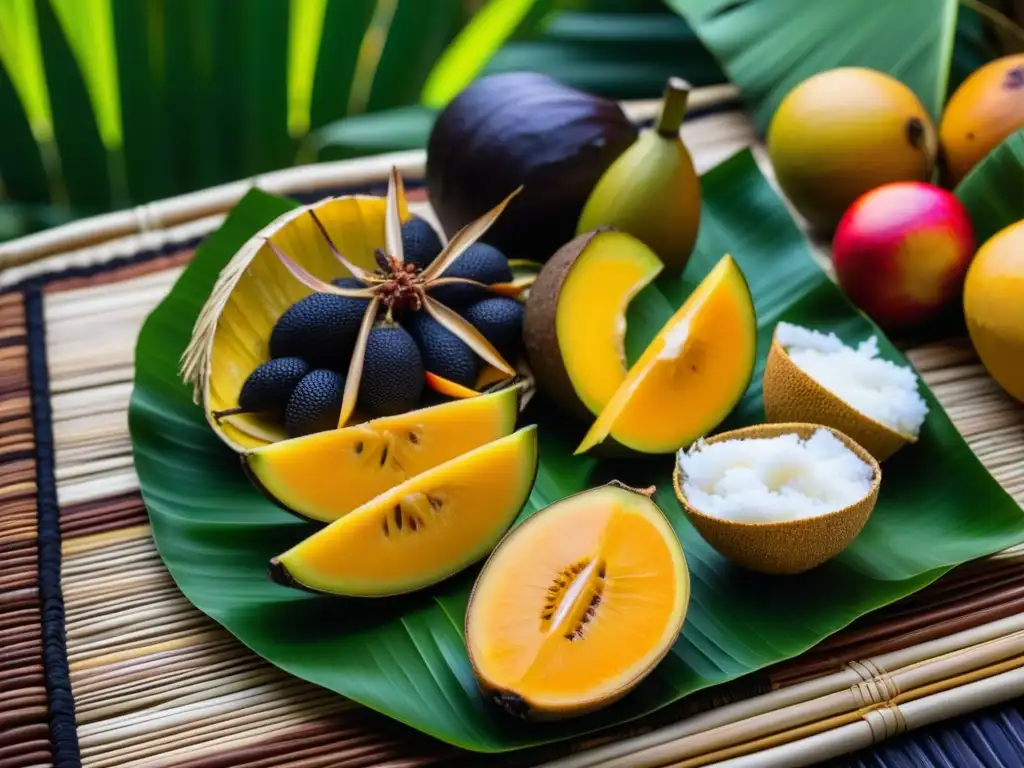 Un festín tradicional micronesio detallado con platos coloridos y exóticos en una hoja de plátano tejida