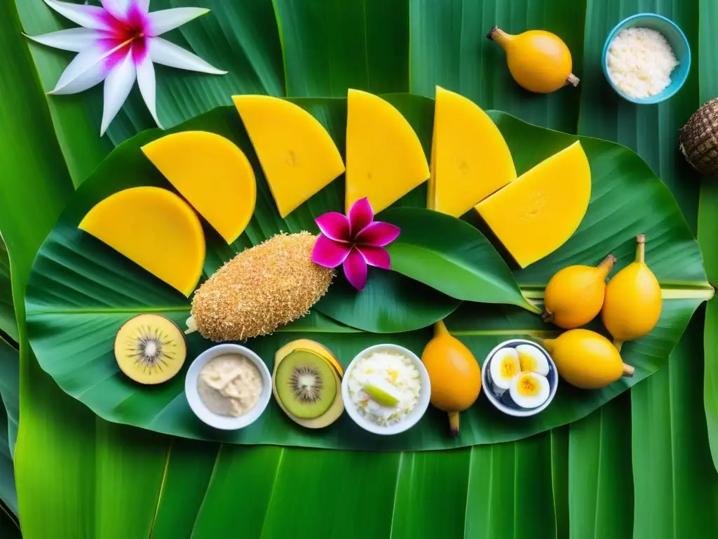 Festín tradicional micronesio con platos coloridos y detallados sobre hoja de plátano