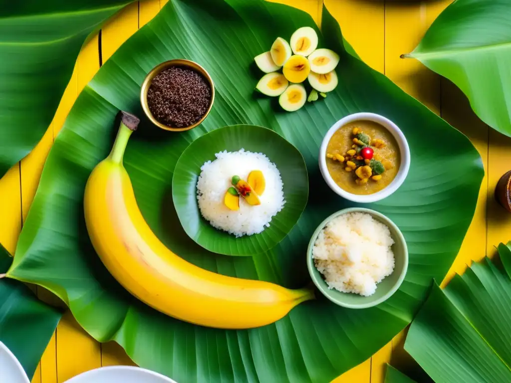 Un festín tradicional de Onam en una hoja de plátano: avial, olan, thoran y payasam en una presentación vibrante y detallada