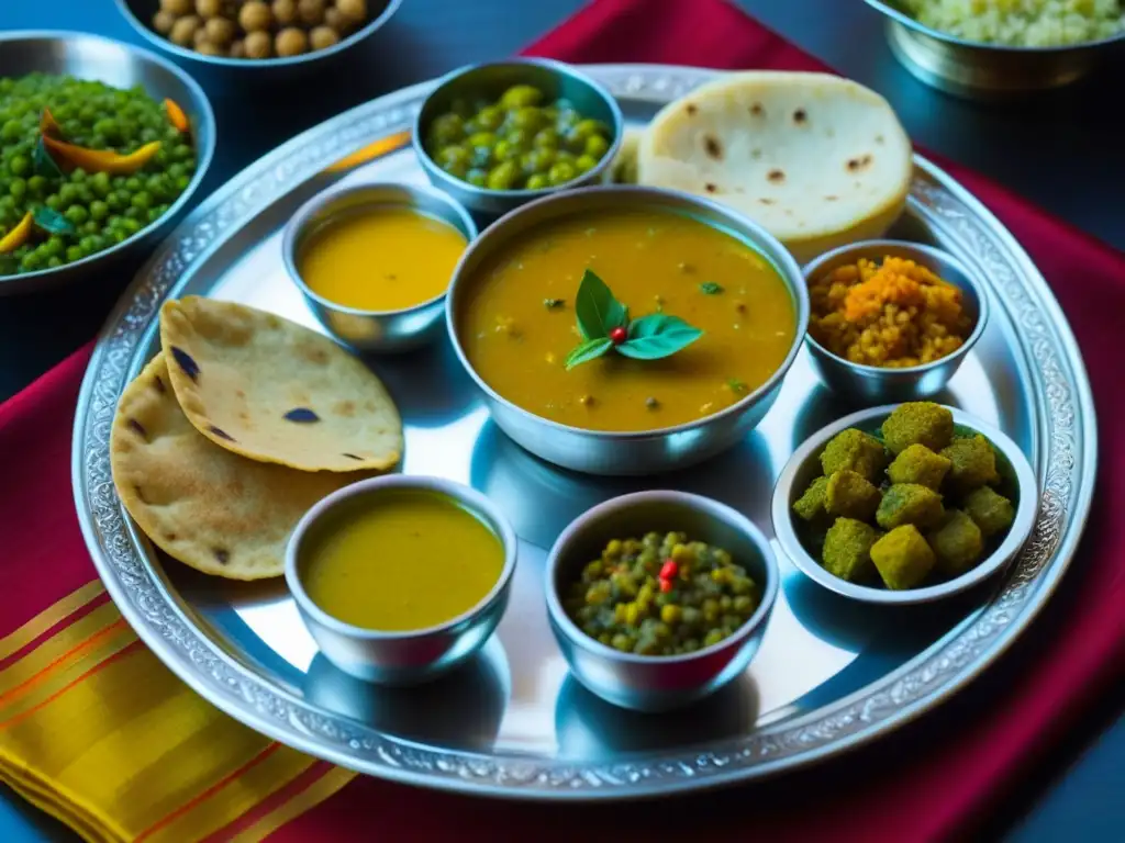 Un festín tradicional rajasthani con platos vibrantes y aromáticos en una bandeja de plata brillante