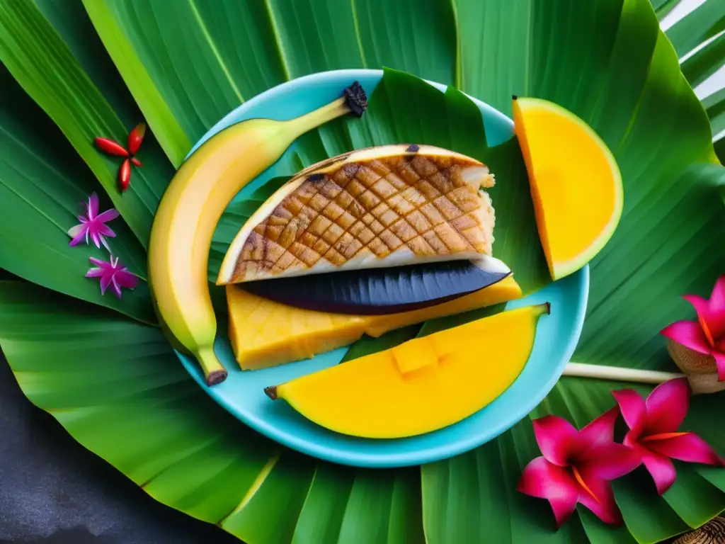 Una festín tradicional polinesio en hojas de plátano, con frutas tropicales, pescado fresco, ñame y platillos de coco