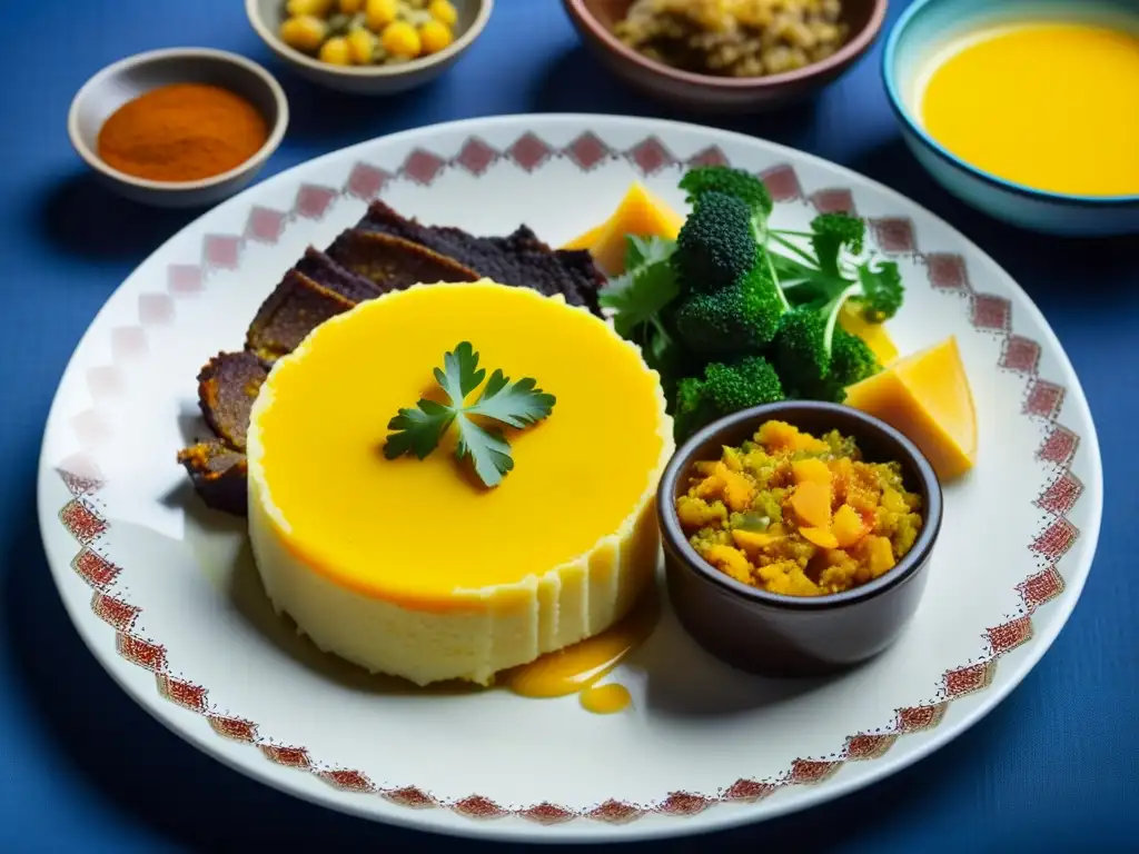 Un festín vibrante y colorido de la cocina sudafricana tradicional, mostrando bobotie, chakalaka, pap y melktert