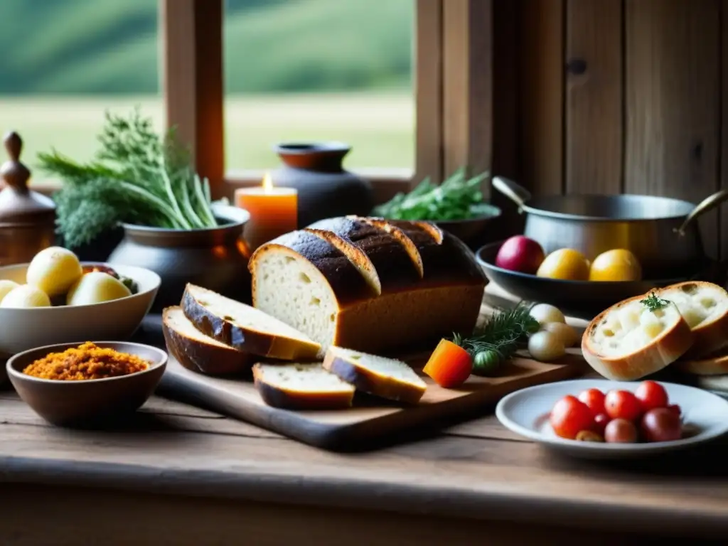 Un festín vikingo con carnes asadas, pan, vegetales, bayas y hierbas en una mesa de madera rústica