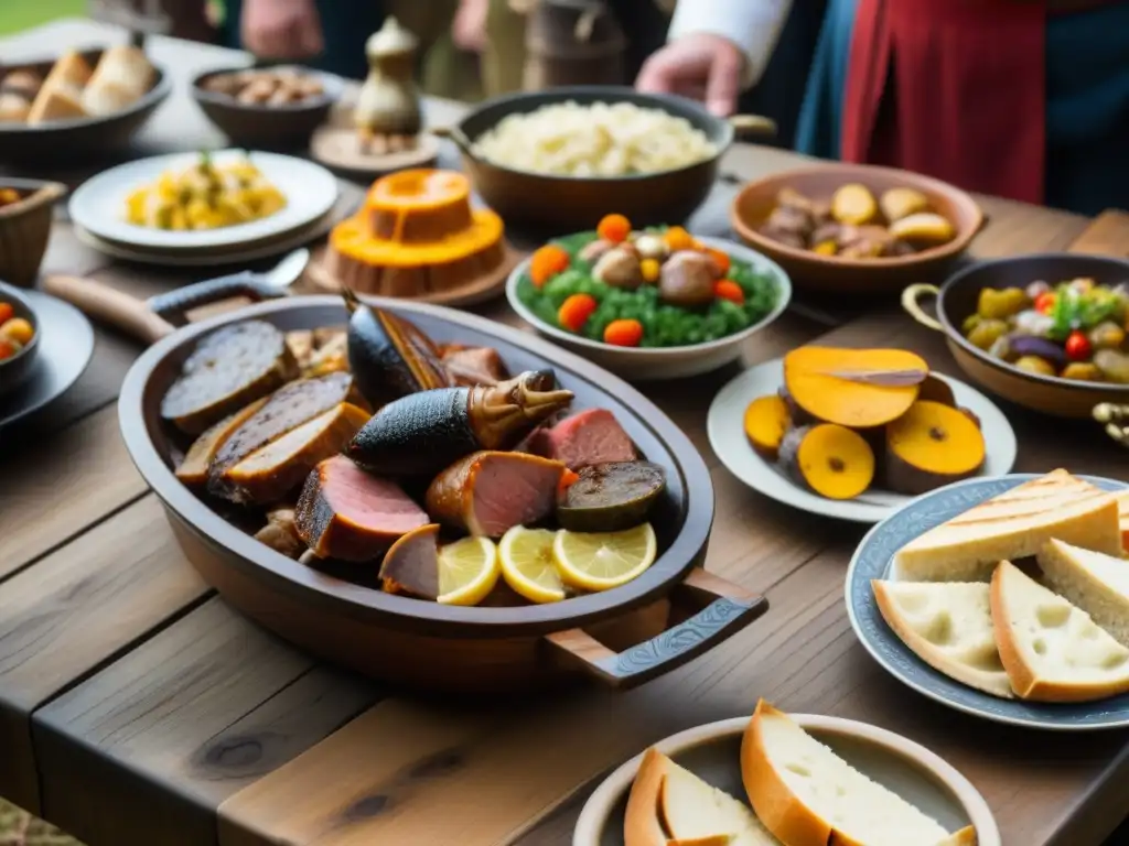 Un festín vikingo: mesa de madera llena de manjares tradicionales, decorada con detalles tallados a mano y alumbrada por velas