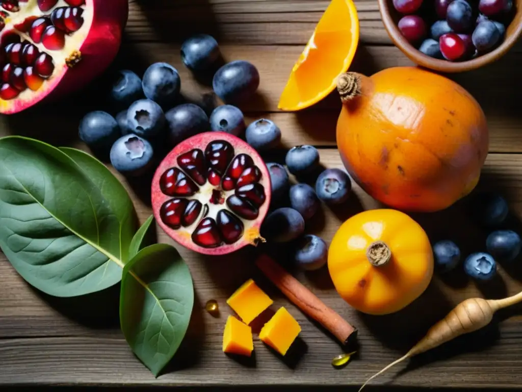 Un festín visual de alimentos antioxidantes sobre mesa de madera