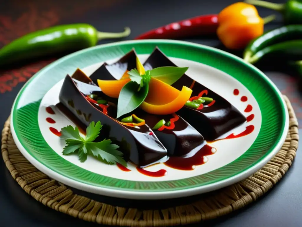 Un festín visual: chiles rojos y verdes con salsa de chocolate en una obra de arte culinaria de la Dieta Mixteca