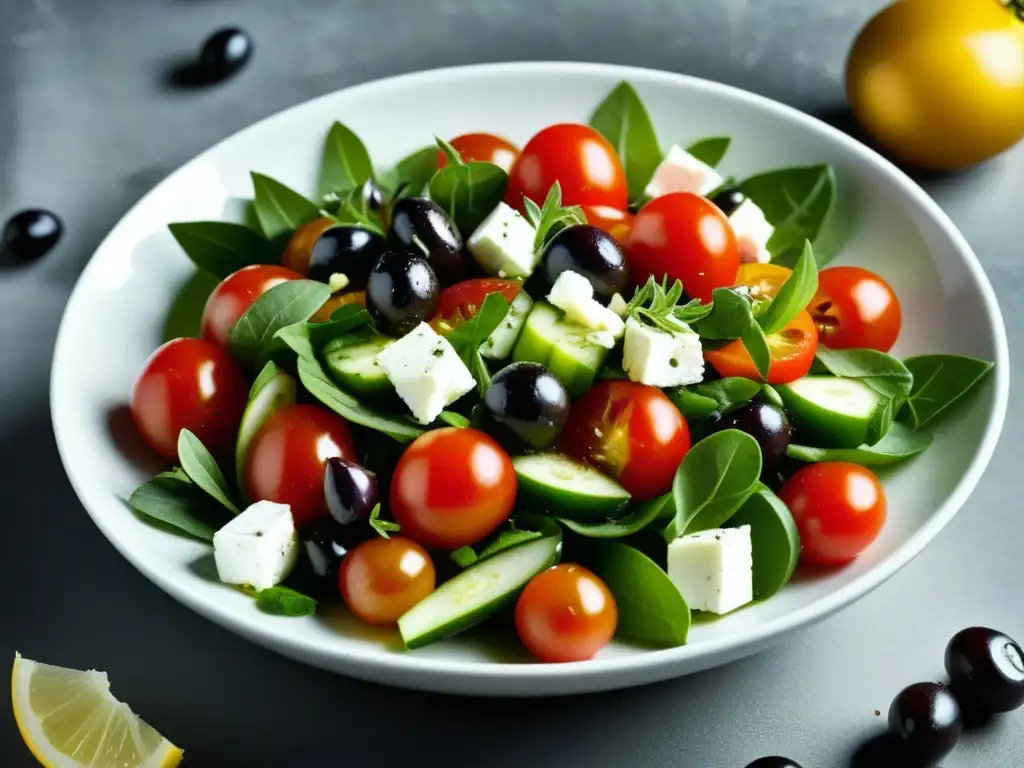 Un festín visual de una ensalada griega tradicional con tomates rojos, pepinos frescos, queso feta, aceitunas Kalamata, orégano y aceite de oliva