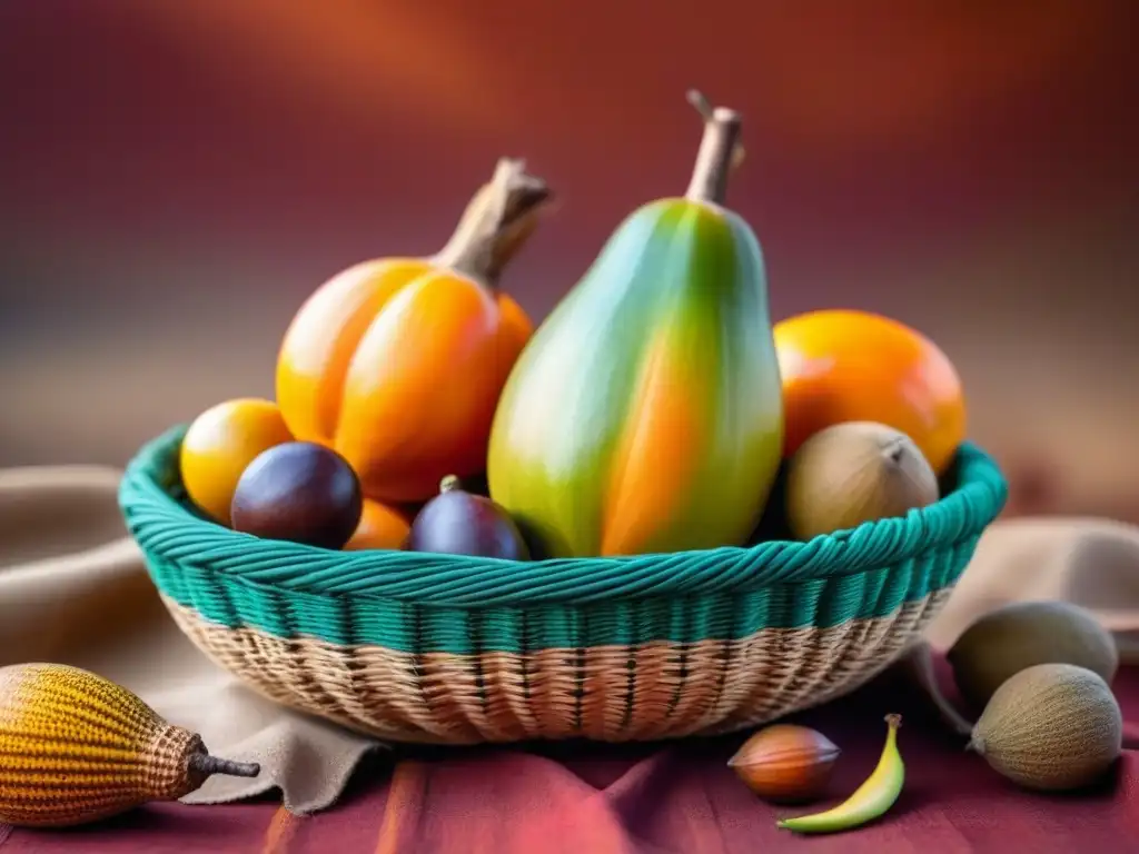 Un festín visual de frutas exóticas en cesta africana sobre tierra roja, reflejando la dieta histórica africana