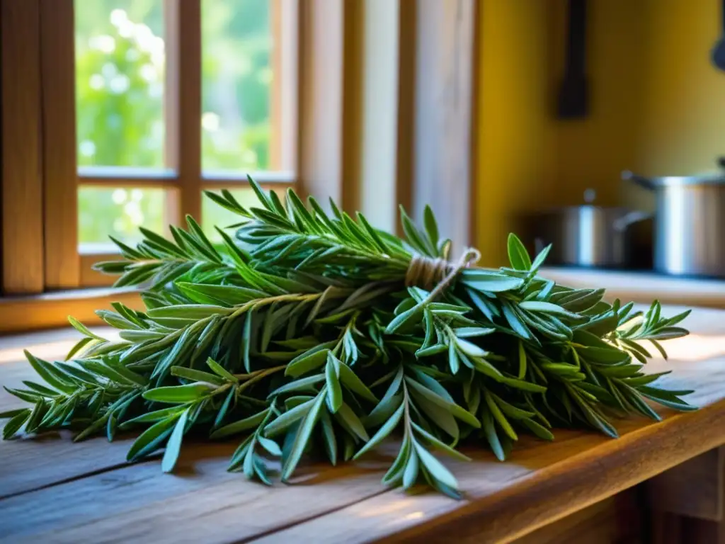 Un festín visual de hierbas medievales para recetas históricas en una mesa de cocina, con tonos verdes vibrantes y luz solar