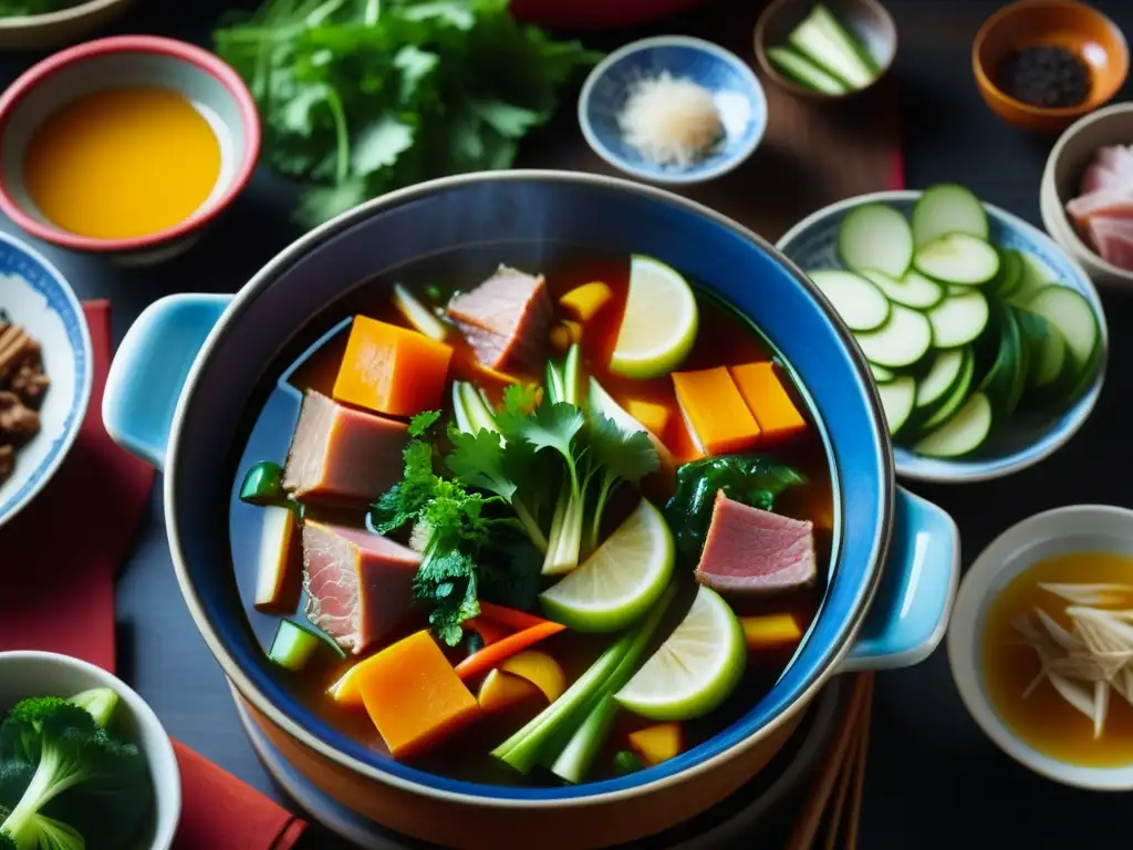 Un festín visual de la influencia de la cocina China y Sudeste Asiático en un colorido y detallado hot pot tradicional