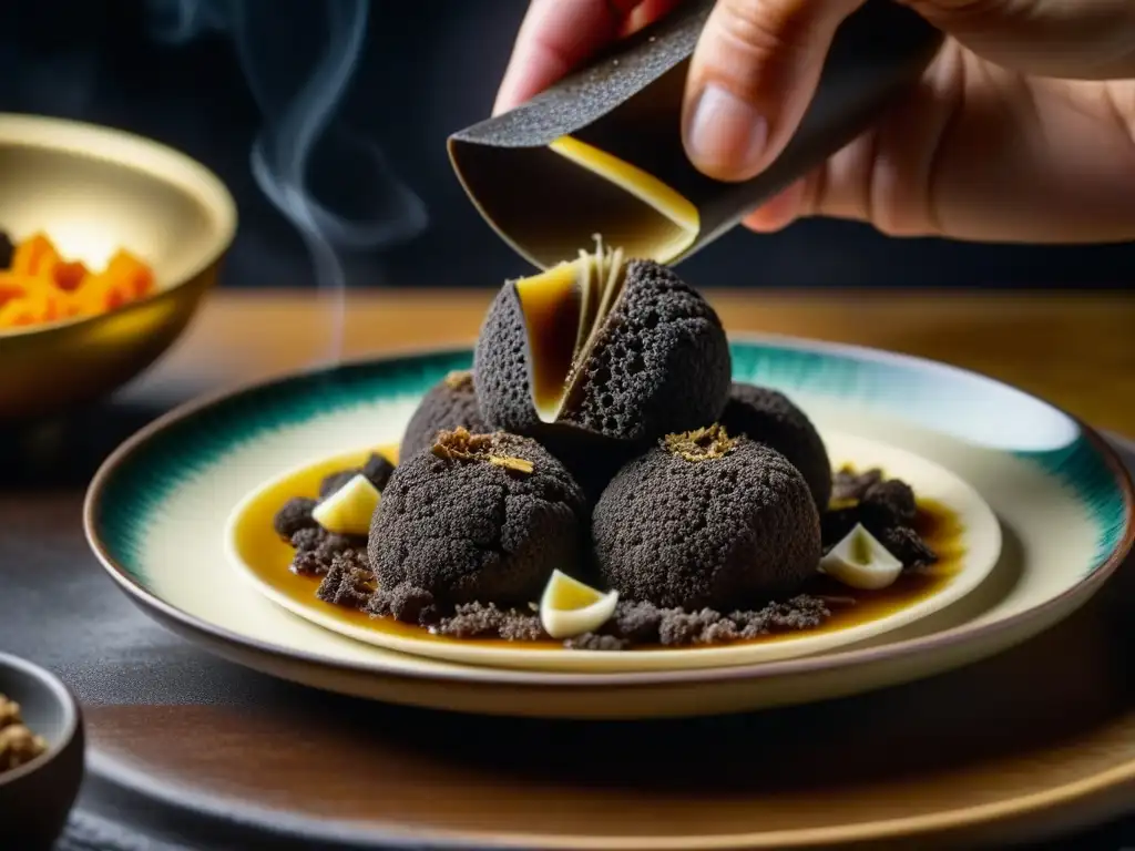 Un festín visual: manos hábiles rallan trufas sobre exquisito platillo asiático