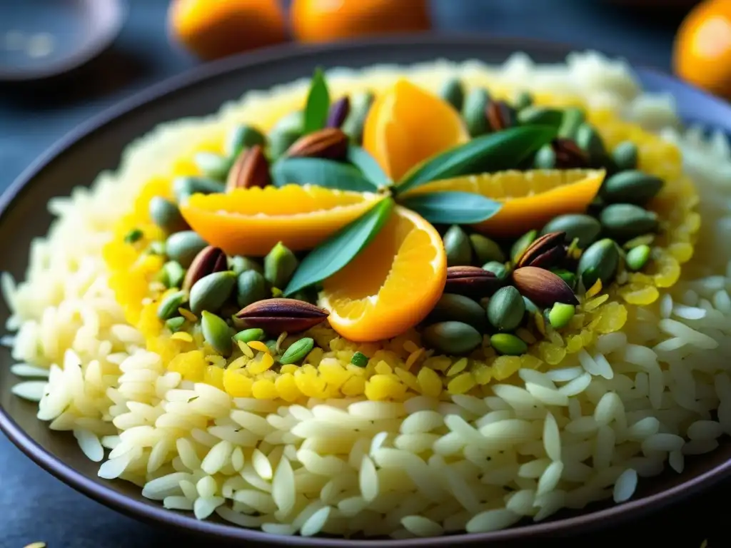 Un festín visual de arroz persa con azafrán y frutos secos, evocando la historia culinaria de Persia