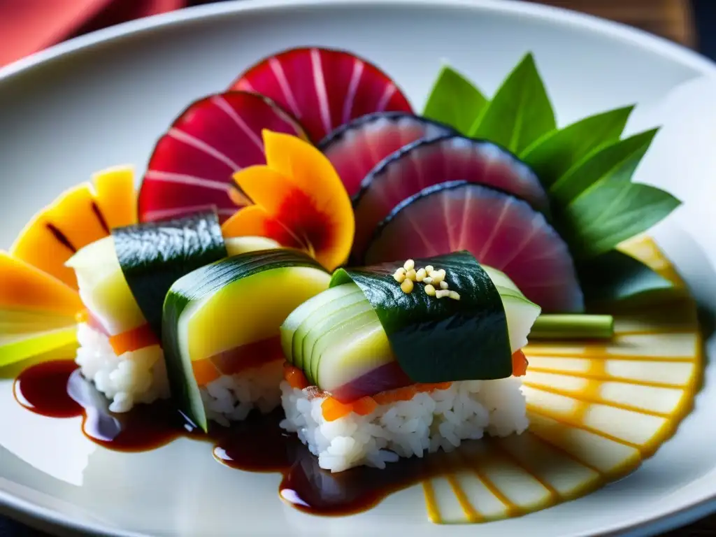 Un festín visual de platos japoneses con influencia portuguesa: sashimi fresco, chorizo y vegetales en una explosión de colores y sabores