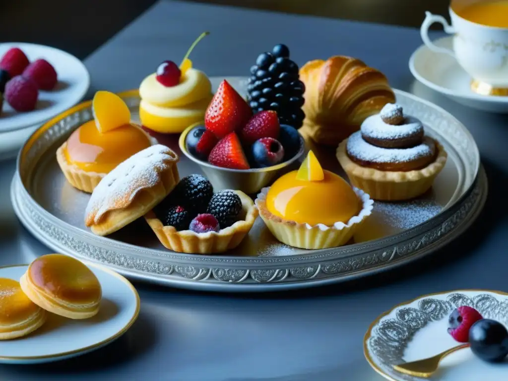 Un festín visual de postres franceses en una bandeja de plata, reflejando la influencia francesa en la mesa de los zares rusos