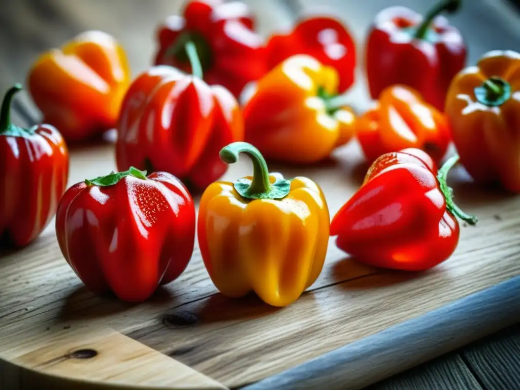 Un festín visual de recetas caribeñas festividades americanas: brillantes chiles caribeños en tabla de madera rústica