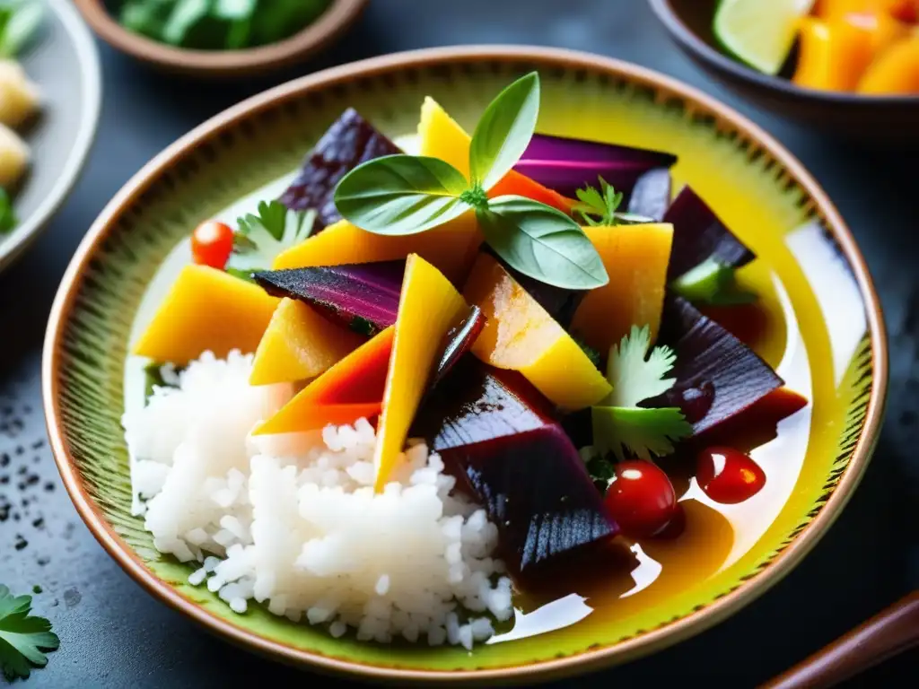 Un festín visual de sabores ancestrales del Camino del Inca: ceviche o lomo saltado en plato de cerámica, con colores vibrantes y detalles intrincados