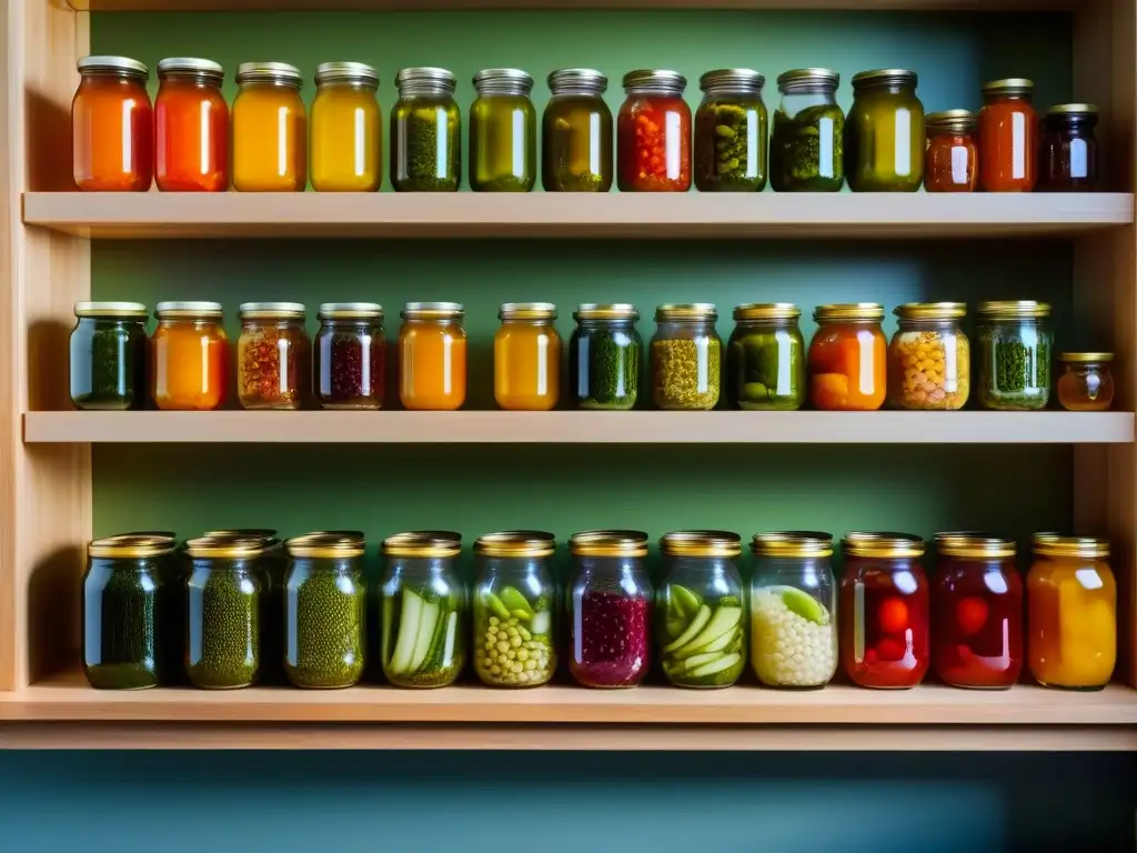 Un festín visual de tradición: tarros burbujeantes con fermentos coloridos en estanterías de madera