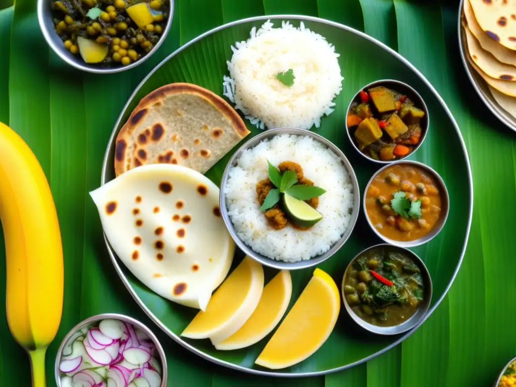 Un festín visual de un Thali tradicional indio, resaltando la diversidad de sabores y colores